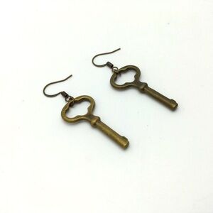 Brass Skeleton Key Charm Drop Earrings
